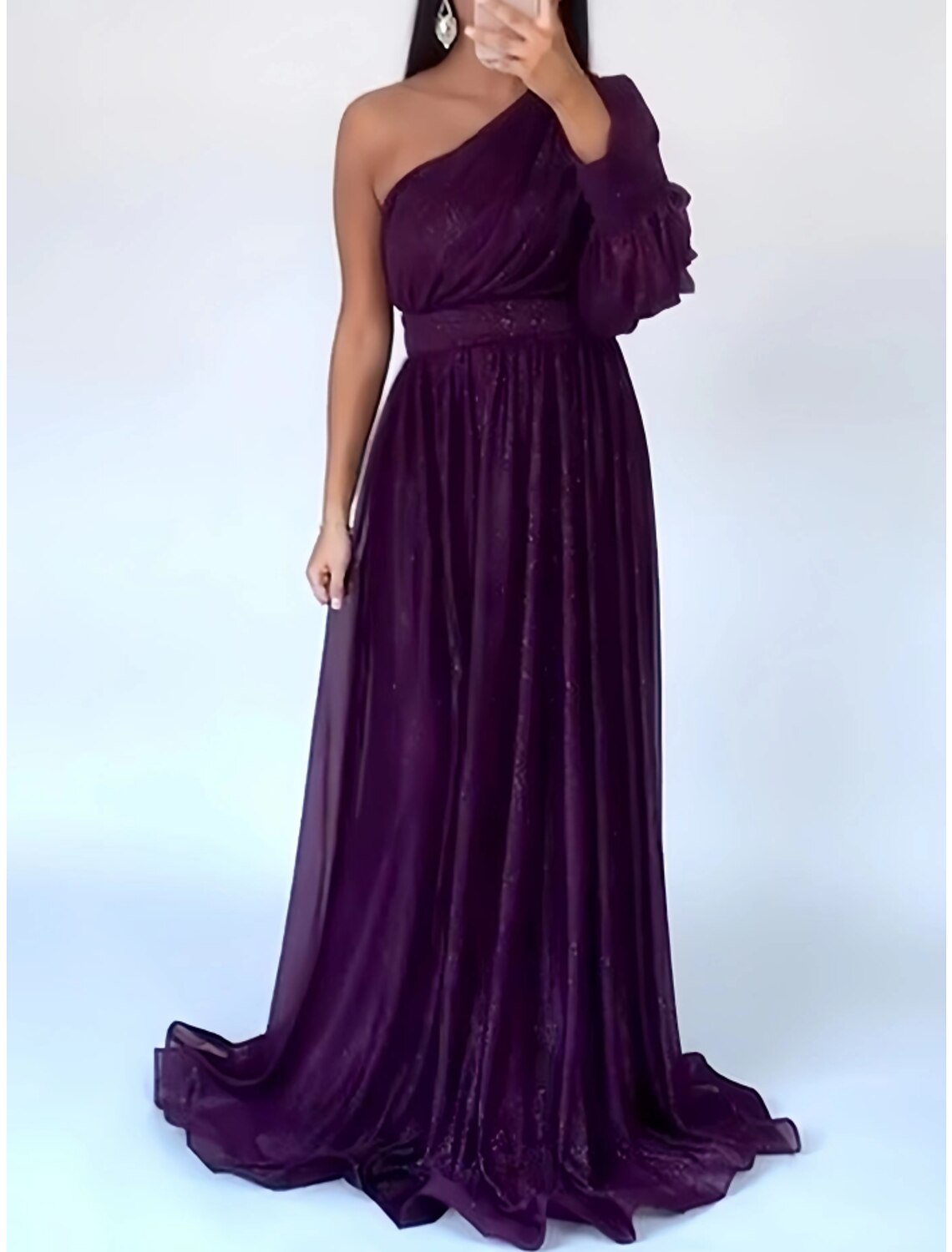 A-Line Evening Gown Party Dress Formal Sweep / Brush Train Long Sleeve One Shoulder Chiffon with Glitter Pleats